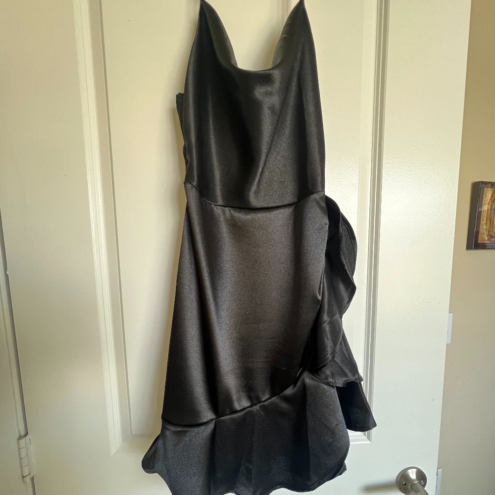 Favlux Satin Cowl Neck Ruffle Hem Mini Cocktail Dress Black Size Small